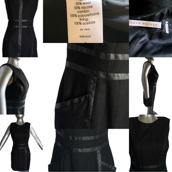 Susana Monaco Black Wool Viscose Mini Dress 8 Faux Leather Trim Mod Sheath Punk